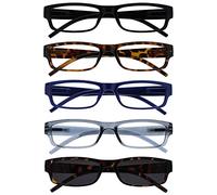 OPULIZE ACE Reading Glasses for Women Men, Lightweight Comfortable Narrow Rectangular Frame with Spring Hinges, Scratch Resistant, Black, Brown,Blue,Grey/Brown Sun +3.5 (Pack of 5)
