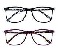 OPULIZE Arc Reading Glasses 2 Pack Stylish Slim Square Frame Spring Hinges Scratch Resistant Black Purple Patterned Arms Mens Womens RR66-15 +2.50