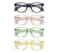 OPULIZE AWE Reading Blue Light Blocking Glasses for Women Men - 4 Pack - Retro Round - Anti-Glare Computer & Gaming Eyewear -UV Protection - Transparent Blue Pink Green Yellow +0.00-X, (Pack of 4)