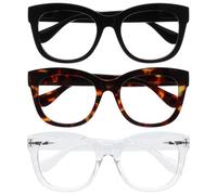 OPULIZE BIG Blue Light Blocking Reading Glasses - Bold Round Fashion Frame - Anti-Glare Anti-Reflective Computer Gaming - 3 Pack - UV & Eyestrain Protection - Black Brown Clear - Mens Womens +2.50