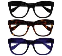 OPULIZE BIG Blue Light Blocking Reading Glasses - Bold Round Fashion Frame - Anti-Glare Anti-Reflective Computer Gaming - 3 Pack - UV & Eyestrain Protection - Black Brown Indigo - Mens Womens +2.50