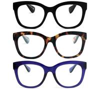 OPULIZE BIG Blue Light Blocking Reading Glasses - Bold Round Fashion Frame - Anti-Glare Anti-Reflective - 3 Pack - UV & Eyestrain Protection - Black Brown Indigo Blue - Mens Womens +1.00
