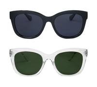 OPULIZE BIG Sunglasses for Women & Men - Bold Fashion Frame - Black/Green Tinted Lens - 2 Pack - Polarised Lenses with UV & Eyestrain Protection - Spring Hinges - Black/Clear(Pack 2 of with 2 Pouches)