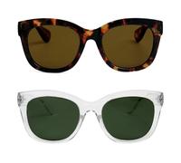 OPULIZE BIG Sunglasses for Women & Men - Bold Fashion Frame - Brown/Green Tinted Lens - 2 Pack - Polarised Lenses with UV & Eyestrain Protection - Spring Hinges - Brown/Clear(Pack 2 of with 2 Pouches)