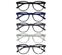OPULIZE BLU Blue Light Blocking Reading Glasses for Women Men - 5 Pack - Round Frame - Anti-Glare Computer and Gaming Eyewear-UV and Eyestrain Protection-Improve Sleep - Black Blue Grey Ice Grey+2.00
