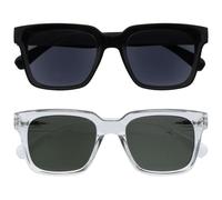 OPULIZE ERA Reading Sunglasses for Men & Women - Black/Green Tinted Lens - 2 Pack - Anti-Reflective Anti-Glare - UV400 Protection - Oversized Rectangular Frame - Spring Hinges - Black/Clear +1.00