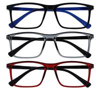 OPULIZE INK Reading Glasses -3 Pack- Large Rectangular Frame - Spring Hinges - Scratch Resistant - Black Grey Red - Mens Womens +2.50