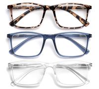 OPULIZE INK Reading Glasses for Women Men, Large Rectangular Frame with Spring Hinges & Scratch Resistant, Brown Tortoiseshell Blue Clear, +2(Pack of 3)
