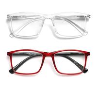 OPULIZE INK Reading Glasses for Women Men, Large Rectangular Frame with Spring Hinges & Scratch Resistant, Clear Red, +3(Pack of 2)