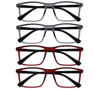 OPULIZE INK Reading Glasses - Value 4 Pack - Large Rectangular Frame - Spring Hinges - Scratch Resistant - Grey Red - Mens Womens +3.50