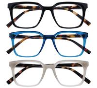 OPULIZE KOI Reading Glasses 3 Pack - Large Rectangular Frame - Black-Blue-Grey - Mens Womens- Spring Hinges - RRR50-137 - +2.00