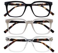OPULIZE KOI Reading Glasses 3 Pack - Large Rectangular Frame - Black-Grey-Clear - Mens Womens - Spring Hinges - RRR50-17C - +1.50