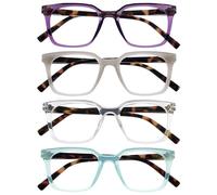 OPULIZE KOI Reading Glasses 4 Pack - Large Rectangular Frame - Purple-Grey-Clear-Aqua - Mens Womens- Spring Hinges - RRRR50-57CQ - +1.00