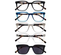 OPULIZE KOI Reading Glasses With Reading Sunglasses 5 Pack - Rectangular Frame - Black-Blue-Grey-Clear-Black - Mens Womens - Spring Hinges - RRRR50-57CQ - +3.50