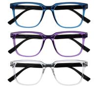 OPULIZE LEO Reading Glasses - 3 -Pack - Large Rectangular Frame - Blue, Purple, Clear - Mens Womens - Spring Hinges - RRR55-35C - +2.00