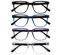 OPULIZE LEO Reading Glasses - 4-Pack - Large Rectangular Frame - Black, Blue, Purple, Clear - Mens Womens - Spring Hinges - RRRR55-135C - +3.00