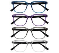 OPULIZE LEO Reading Glasses - 4-Pack - Large Rectangular Frame - Blue, Purple, Grey, Clear - Mens Womens - Spring Hinges - RRRR55-357C - +3.00