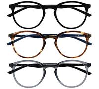 OPULIZE MET Blue Light Blocking Reading Glasses for Women Men, Slim Round Frame with Scratch Resistant and Spring Hinges, Computer Glasses with Anti-Reflective, Black,Brown,Grey +2 (Pack of 3)