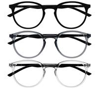 OPULIZE MET Reading Glasses for Women Men, Slim Round Frame with Spring Hinges and Scratch Resistant, Black,Grey,Clear +3 (Pack of 3)