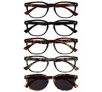 OPULIZE ORA Reading Glasses for Men Women With Reading Sunglasses - 5 Pack - Round Frame - Tinted UV400 Protection Lens - Spring Hinges - Black, Dark Brown, Brown & Grey - Brown Sunglasses +1.50