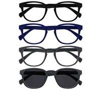OPULIZE POP Reading Glasses and Reading SunGlasses for Women Men,Retro Round, Smooth Matt Black, Blue,Grey, Grey Sun +1.50 (Pack of 4)