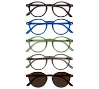 OPULIZE REY Readers with Reading Sunglasses - 5-Pack - Round Frame - Matt Brown, Blue, Green, Grey, Brown - Mens Womens - Spring Hinges - RRRRS56-23672 - +1.50