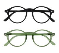 OPULIZE REY Reading Glasses - 2-Pack - Retro Round Frame - Matt Black, Green - Mens Womens - Spring Hinges - RR56-16 - +2.00