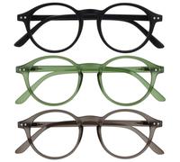 OPULIZE REY Reading Glasses - 3-Pack - Retro Round Frame - Matt Black, Green, Grey - Mens Womens - Spring Hinges - RRR56-167 - +1.00