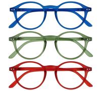 OPULIZE REY Reading Glasses - 3-Pack - Retro Round Frame - Matt Blue, Green, Red - Mens Womens - Spring Hinges - RRR56-36Z - +1.50