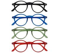 OPULIZE REY Reading Glasses - 4-Pack - Retro Round Frame - Matt Black, Blue, Green, Red - Mens Womens - Spring Hinges - RRRR56-136Z - +1.50