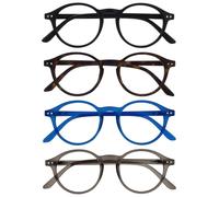 OPULIZE REY Reading Glasses - 4-Pack - Retro Round Frame - Matt Black, Brown Tortoiseshell, Blue, Grey - Mens Womens - Spring Hinges - RRRR56-1237 - +3.00