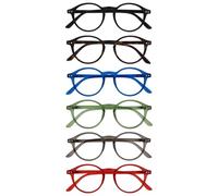 OPULIZE REY Reading Glasses - 6-Pack - Retro Round Frame - Matt Black, Brown, Blue, Green, Grey, Red - Mens Womens - Spring Hinges - RRRRRR56-12367Z - +3.50