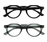OPULIZE RIO Blue Light Blocking Reading Glasses - 2-Pack - Flat Top Frame - Black, Grey - Mens Womens - Spring Hinges - BB53-17 - +3.00