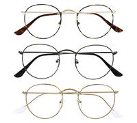 OPULIZE Sol - Reading Glasses with Blue Light Blocking 3 Pack Round Metal Retro Improve Sleep Reduce Headache Computer Glasses Gaming Anti-Reflective Brown Gunmetal Gold Mens Womens BBB94-279 +3.50