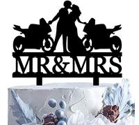 opunmpwu Motorcycle Wedding Cake Topper, Funny Mr and Mrs Cake Topper - The Bride and Groom Kissing Face to Face Before Their Motorcycle, Black