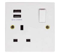 Opus 1-Gang 13 Amp Single Plug Socket UK in White with Twin 2100mA Type A USB Charging Ports and Switch, Suitable for 25mm Back Box - The ultimate USB Wall Socket for modern homes