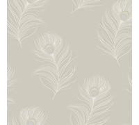 Opus Pavona Peacock Bird Feather Quill Metallic Embossed Vinyl Wallpaper Holden Decor Taupe One Size