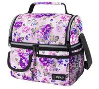 OPUX Insulated Dual Compartment Lunch Bag for Men, Women | Double Deck Reusable Lunch Pail Cooler Bag with Shoulder Strap, Soft Leakproof Liner | Large Lunch Box Tote for Work, School (Floral Purple)