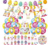OPVXZAD Easter Party Decorations Set for Home, 93-Piece Rabbit Bunny Egg Kit with Banner, Balloons, Cake Toppers & Gift Supplies for Easter Day Party, Egg Hunt, Table Decor