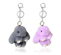 OPVXZAD Fluffy Bunny Keychain, 2 Pack Pompom Fluffy Rabbit Key Rings, Adorable Plush Bunny Keychains, Cute Charms for Backpacks Handbags Elegant Gift for Women (Purple + Grey)