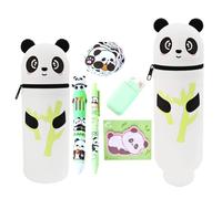OPVXZAD Kawaii 2 in 1 Silicone Pencil Case with Theme Stationery for School Children Girls with Pens Ruler Eraser Corrector Stickers Keychain Cute Desk Supplies Gift, Panda, kawaii