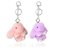 OPVXZAD Plush Bunny Keychains 2 Pack Pompom Fluffy Rabbit Key Rings, Adorable Plush Bunny Keychains, Cute Charms for Backpacks Handbags Elegant Gift for Women Pink+Purple