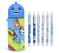 OPVXZAD School Pencil Case 2 in 1 Vertical Silicone Pen Holder with 6 Erasable Gel Pens Extendable Pencil Case Desk Kids Girls Boys Cartoon Cute, beige, Shark