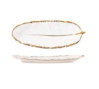 OQHAIR Fruit Dish,Gold Plating Ceramic Plate Set,Fashion Feather Design Jewelry Tray,Tableware Accessories Dim Sum Fruit Plate Kitchen Dining Dish,White,10in