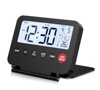 OQIMAX LCD Alarm Clock, Battery Powered Alarm Clock Display Date & Day, Temperature, Foldable Travel Alarm Clock with Backlight & Snooze, 12/24H, Countdown Function, for Bedroom, Travel Use (Black)