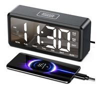 OQIMAX Mirror Digital Alarm Clock, Large LED Display Wooden-Style Alarm Clocks, Alarm Clock with Adjustable Brightness & Volume, Dual Alarm, USB/Battery Powered Desk Clock with 12/24H, DST, Snooze