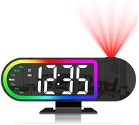 OQIMAX Projection Alarm Clock, 8.5 '' Digital Alarm Clock with 180° Projector, 17 RGB Ambient Lights, 3 Adjustable Screen Brightness & Night Mode, USB Powered Projector Clocks for Bedroom Home