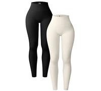 OQQ Women's 2 Piece Yoga Leggings Ribbed Seamless Workout High Waist Athletic Pants, Black Beige, S