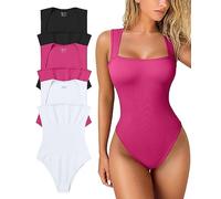 OQQ Women's 3 Piece Bodysuits Sexy Ribbed Strappy Square Neck Sleeveless Tummy Control Tank Tops Bodysuits, Black,rose3,white, Small