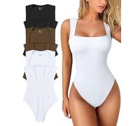 OQQ Women's 3 Piece Bodysuits Sexy Ribbed Strappy Square Neck Sleeveless Tummy Control Tank Tops Bodysuits, Black,coffee,white, Small
